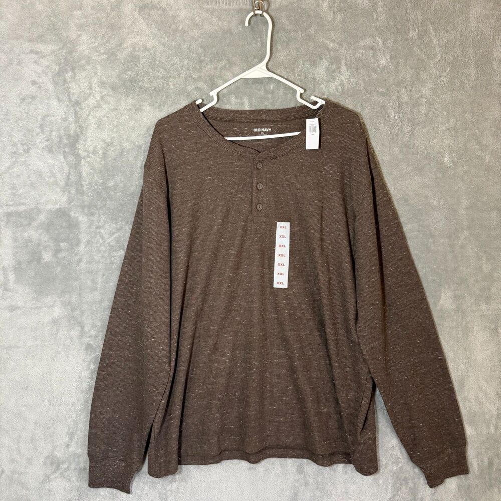 NWT Old Navy Men's 2XL Brown Heathered Knit Henley Shirt Casual Cozy
